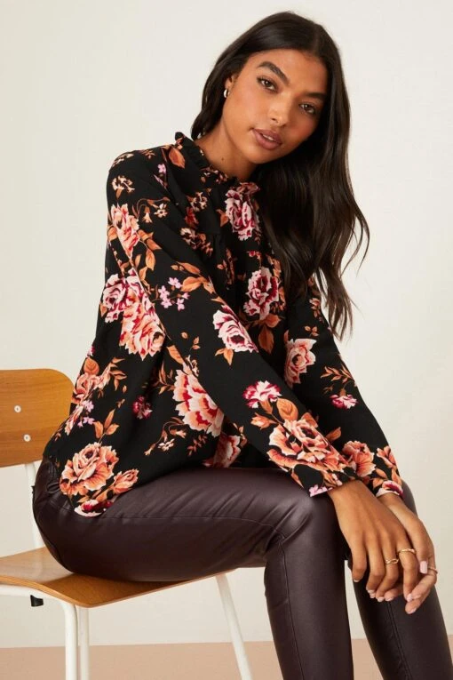 Dorothy Perkins Floral High Neck Puff Sleeve Top