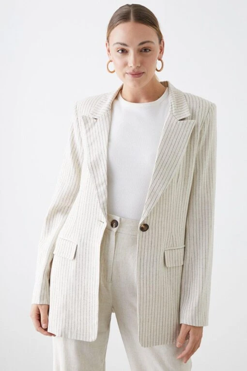 Dorothy Perkins Tall Stripe Linen Blend Single Breasted Blazer