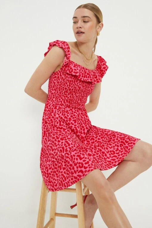 Dorothy Perkins Pink Animal Shirred Bardot Mini Dress