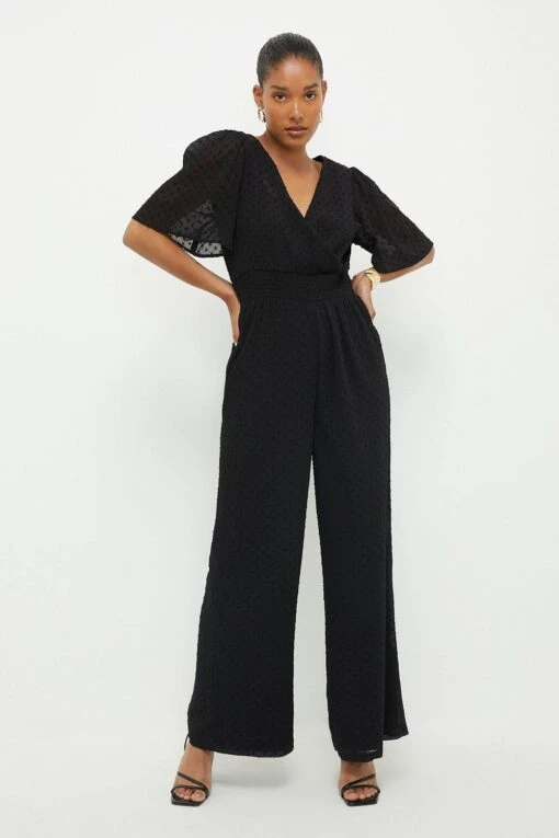 Dorothy Perkins Black Chiffon Dobby Shirred Waist Jumpsuit