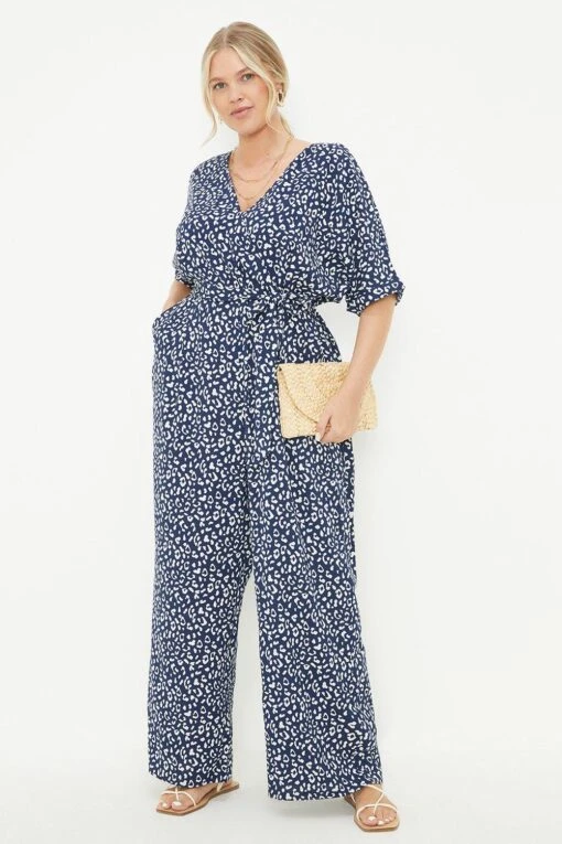 Dorothy Perkins Curve Navy Animal Wrap Jumpsuit