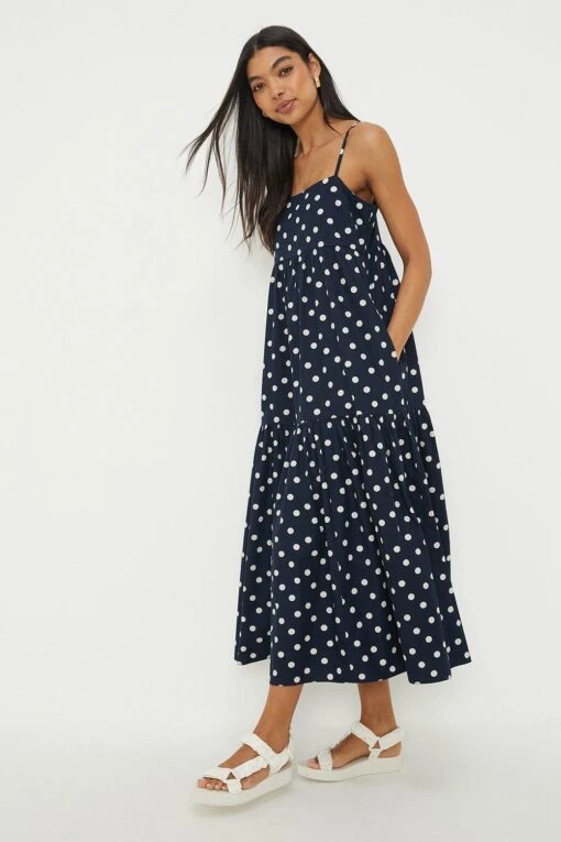 Dorothy Perkins Navy Spot Strappy Tiered Midi Dress