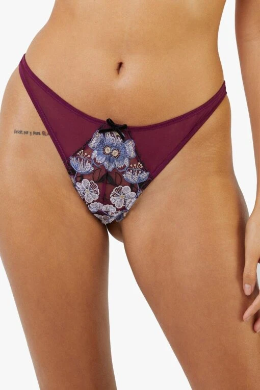 Playful Promises Joanna Burgundy Gold Embroidery Thong